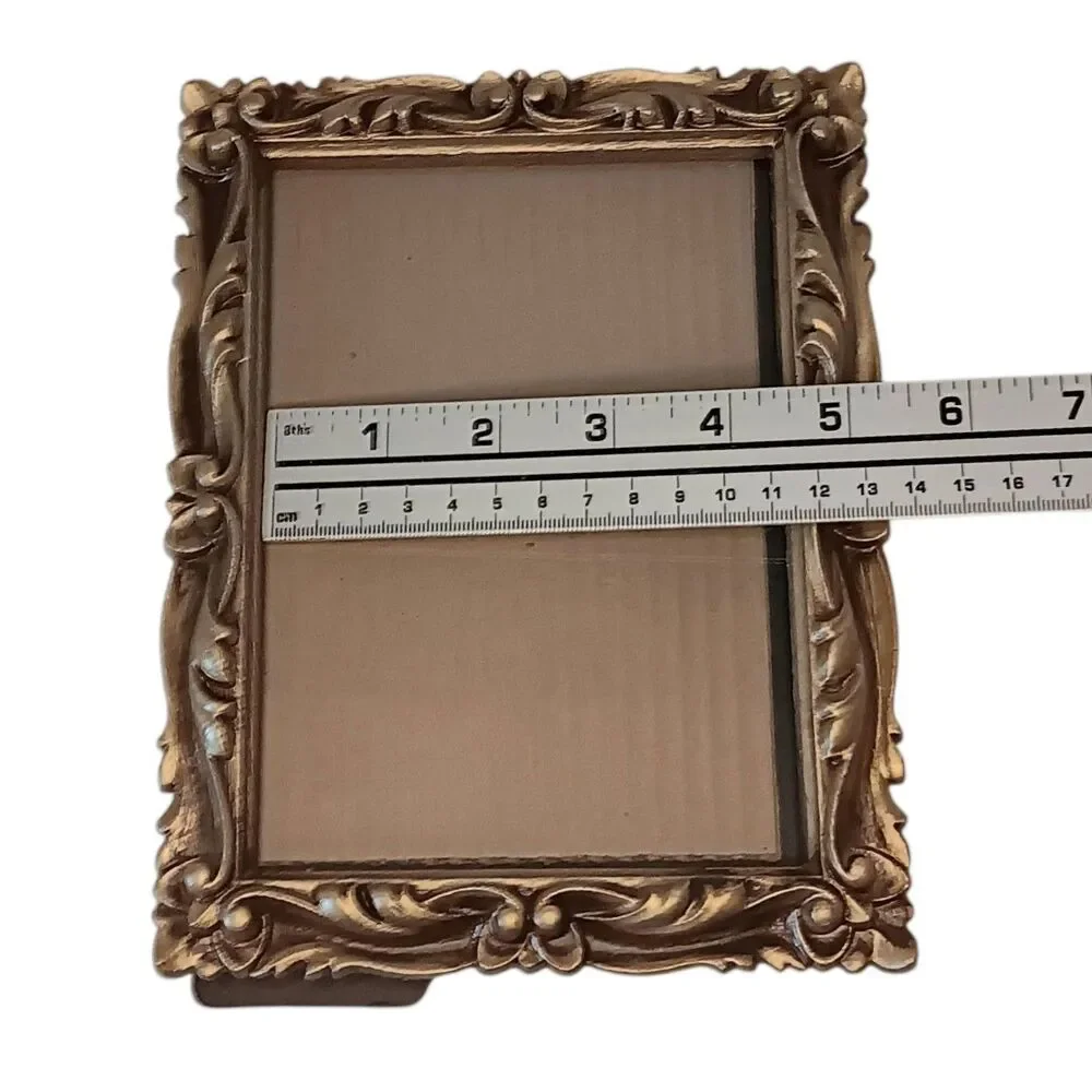 VTG 1973 Gold Bronze Photo Frame Resin Faux Carved Wood Ornate Scroll 8.25x6.25